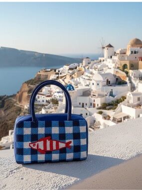 Blue Checked Glass Beads Sardine Bag